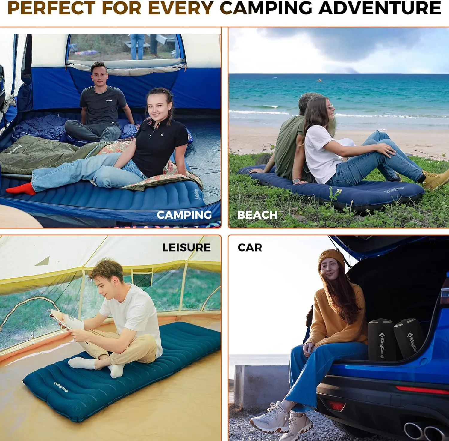 KingCamp Double Sleeping Pad for Camping, Rollover Prevention Inflatable Queen Camping Mattress 2 Person Ultralight Air Mat for Backpacking Hiking Tent Cot, PVC Free
