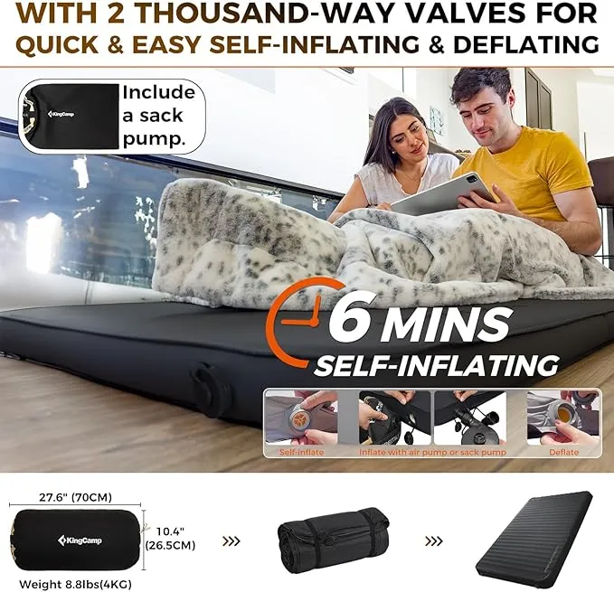 KingCamp Self Inflating Sleeping Pad for Camping Ultra Thick Double Single Foam Mattress High R Value Camping Air Pad Mat, Multi Colors & Sizes