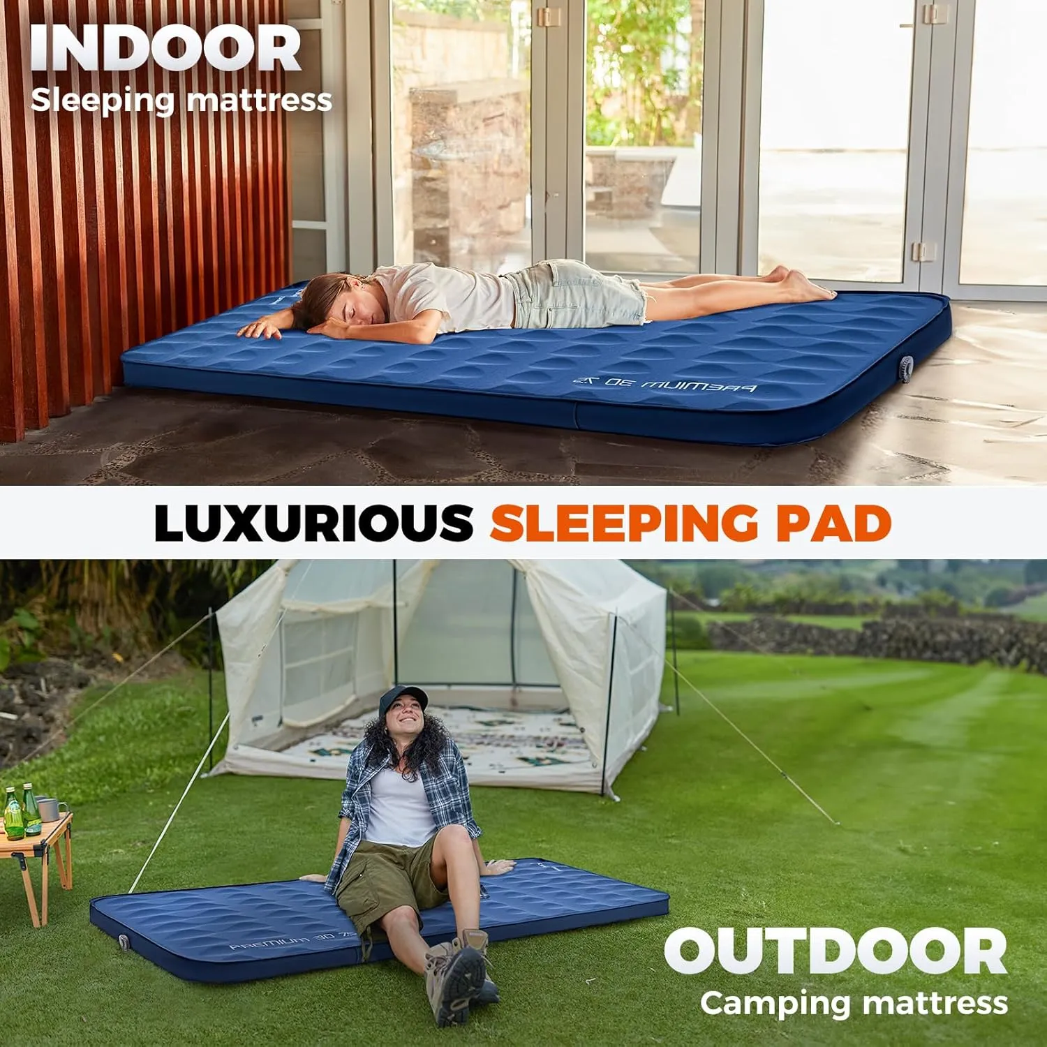 KingCamp Self Inflating Sleeping Pad, R 7.9 Air & Foam Sleeping Pad for Camping, 3" Thick Single Camping Mattress with 3D Sidewalls & Wave Surface Cut for Outdoor Tent Cot Car, PVC Free (Navy)