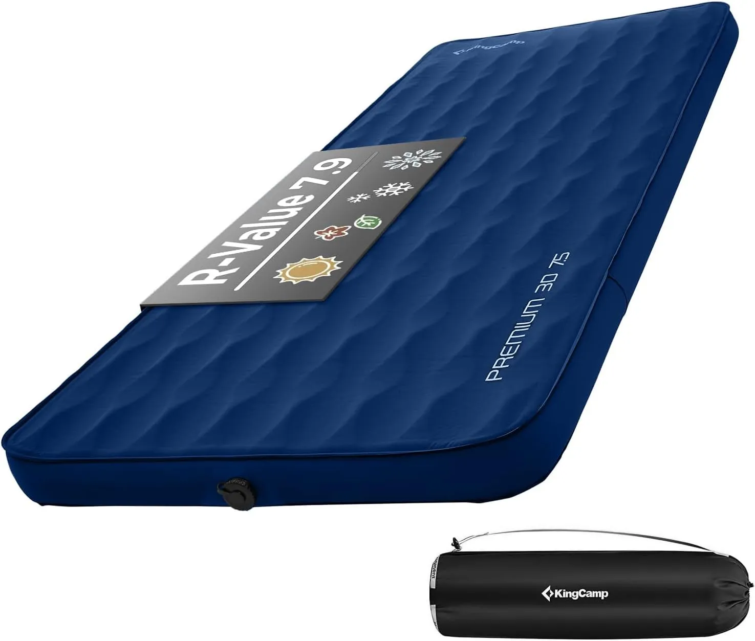 KingCamp Self Inflating Sleeping Pad, R 7.9 Air & Foam Sleeping Pad for Camping, 3" Thick Single Camping Mattress with 3D Sidewalls & Wave Surface Cut for Outdoor Tent Cot Car, PVC Free (Navy)