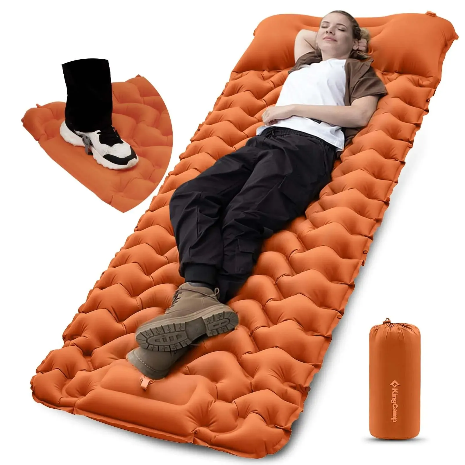 KingCamp Sleeping Pads for Camping Self Inflating Camping Mattress with Built-in Foot Pump Connectable Durable Inflatable Sleeping Mat with Pillow Compact Camping Air Mattress for Camping Hiking