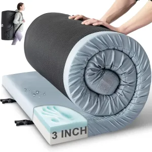 Kingfun Memory Foam Camping Sleeping Pad, CertiPUR-US Camping Mattress Waterproof Roll Up Mattress Guest Bed, Thick Floor Sleeping Mat for Car Truck Tent for Adults with Travel Bag