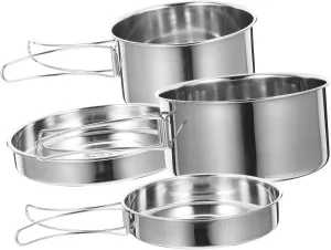 Kisangel Outdoor Cooking Essentials Stainless Steel Pot Set Compact Design for Camping Hiking and Picnicking