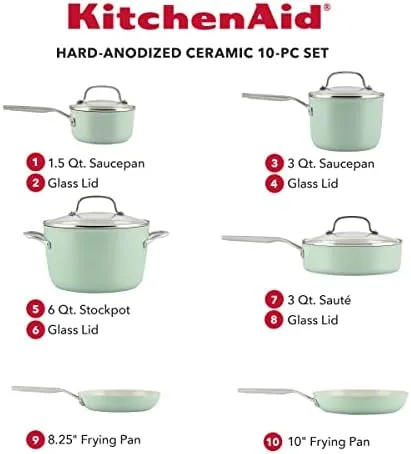 KitchenAid Hard Anodized Ceramic Nonstick Cookware/Pots and Pans Set, 10 Piece - Pistachio
