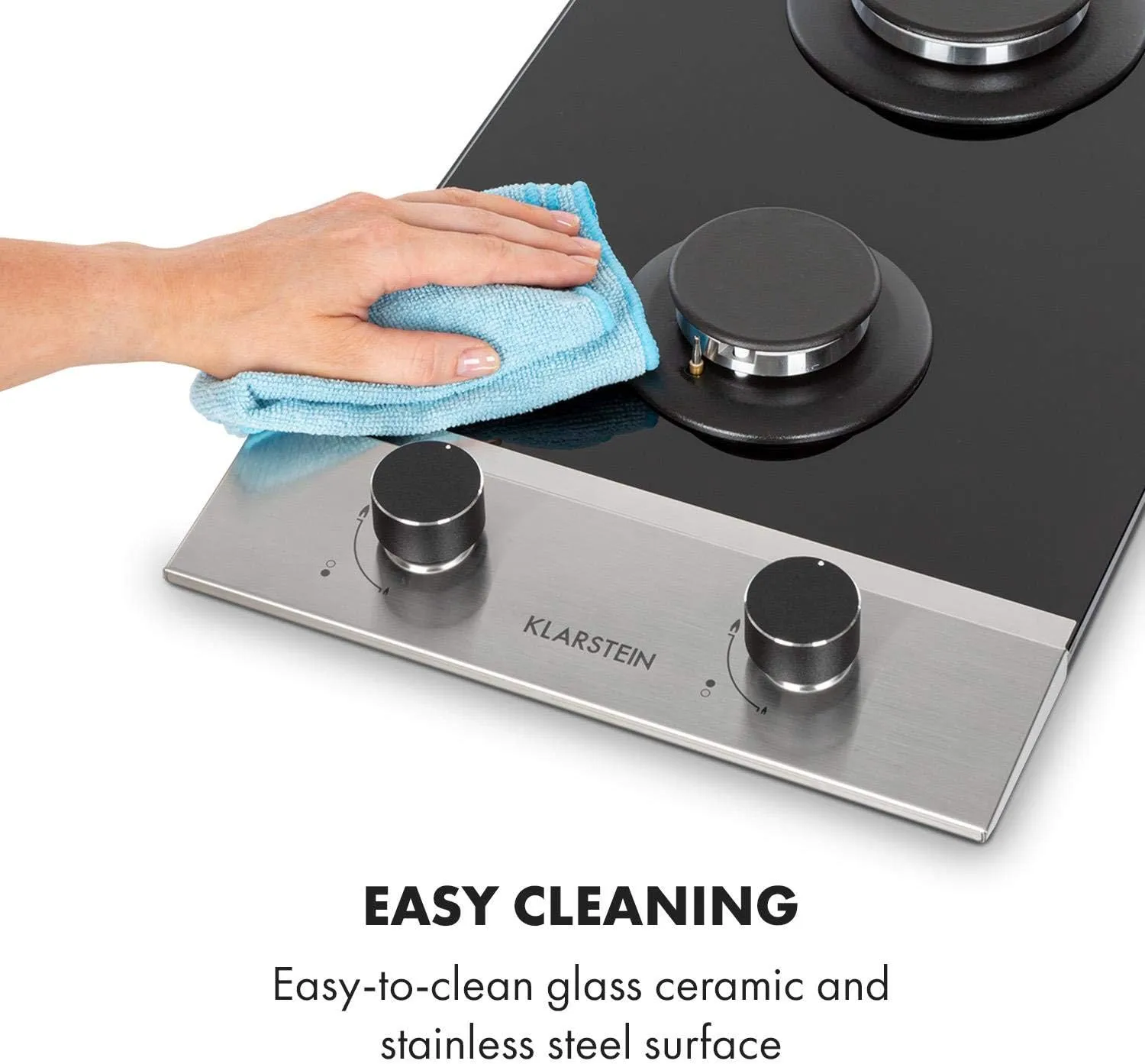 KLARSTEIN Alchemist - Gas Cooktop, 2 Burners, 12 Inches Elegant Gas Stove, Stainless Steel, Built in & Self-Sufficient, Natural/Butane Gas, Automatic Switch-off, Glass Ceramic, Black