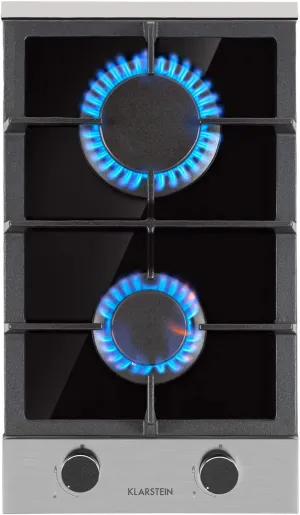 KLARSTEIN Alchemist - Gas Cooktop, 2 Burners, 12 Inches Elegant Gas Stove, Stainless Steel, Built in & Self-Sufficient, Natural/Butane Gas, Automatic Switch-off, Glass Ceramic, Black