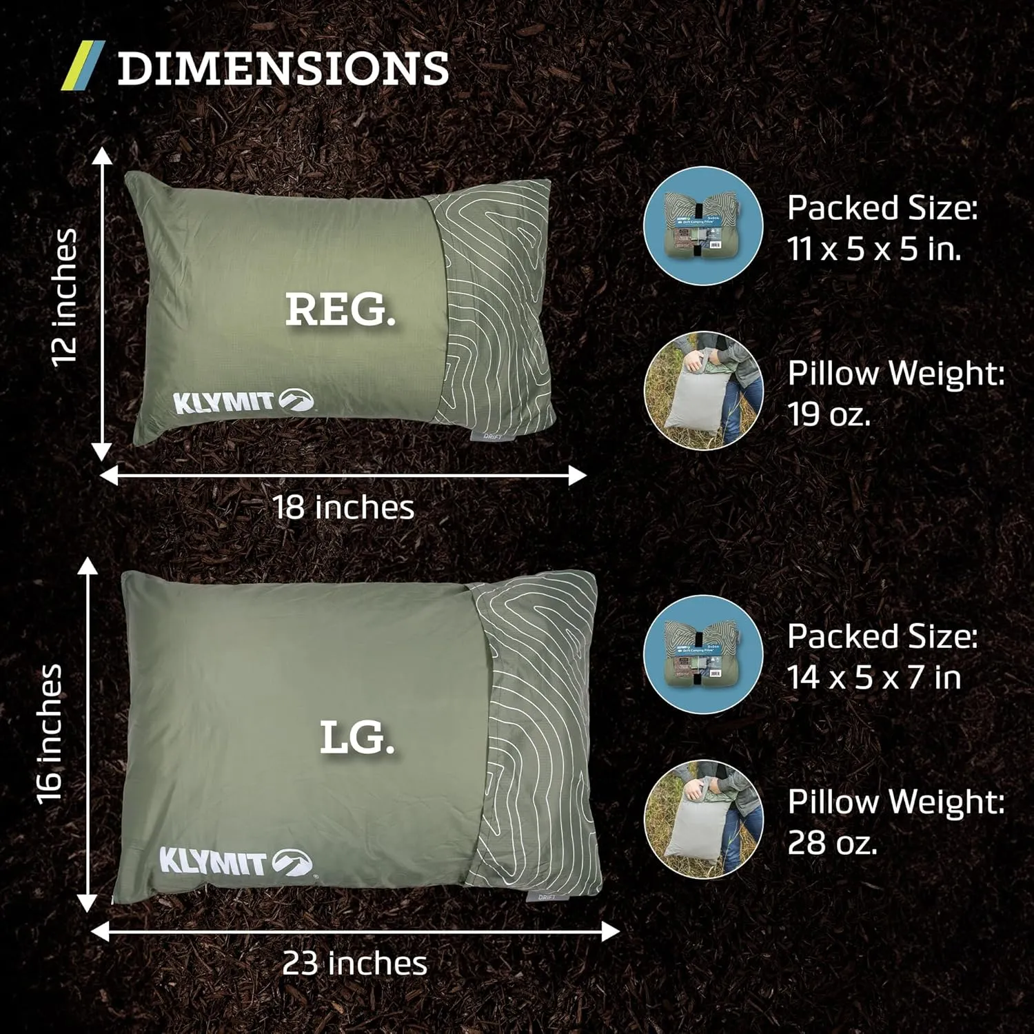 Klymit Drift Camping Pillow, Shredded Memory Foam Travel Pillow with Reversible Cover for Outdoor Use, Green, Large