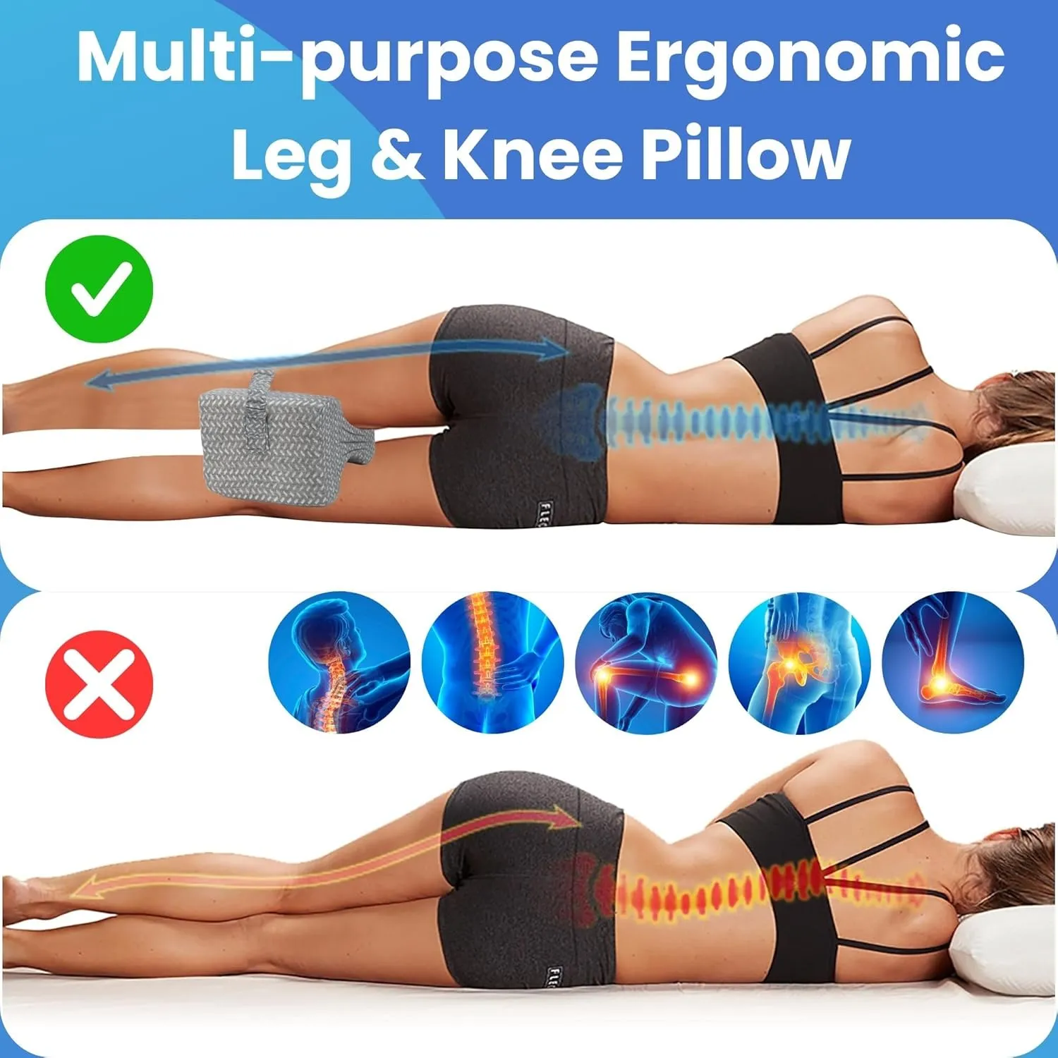 Knee Pillow for Side Sleepers, Support Thighs and Knees for Sciatica, Back, HIPS, Knees, Joints Pain Relief, Comfortable Leg Pillow for Side Sleeping with Storage Bag-Adjustable Strap