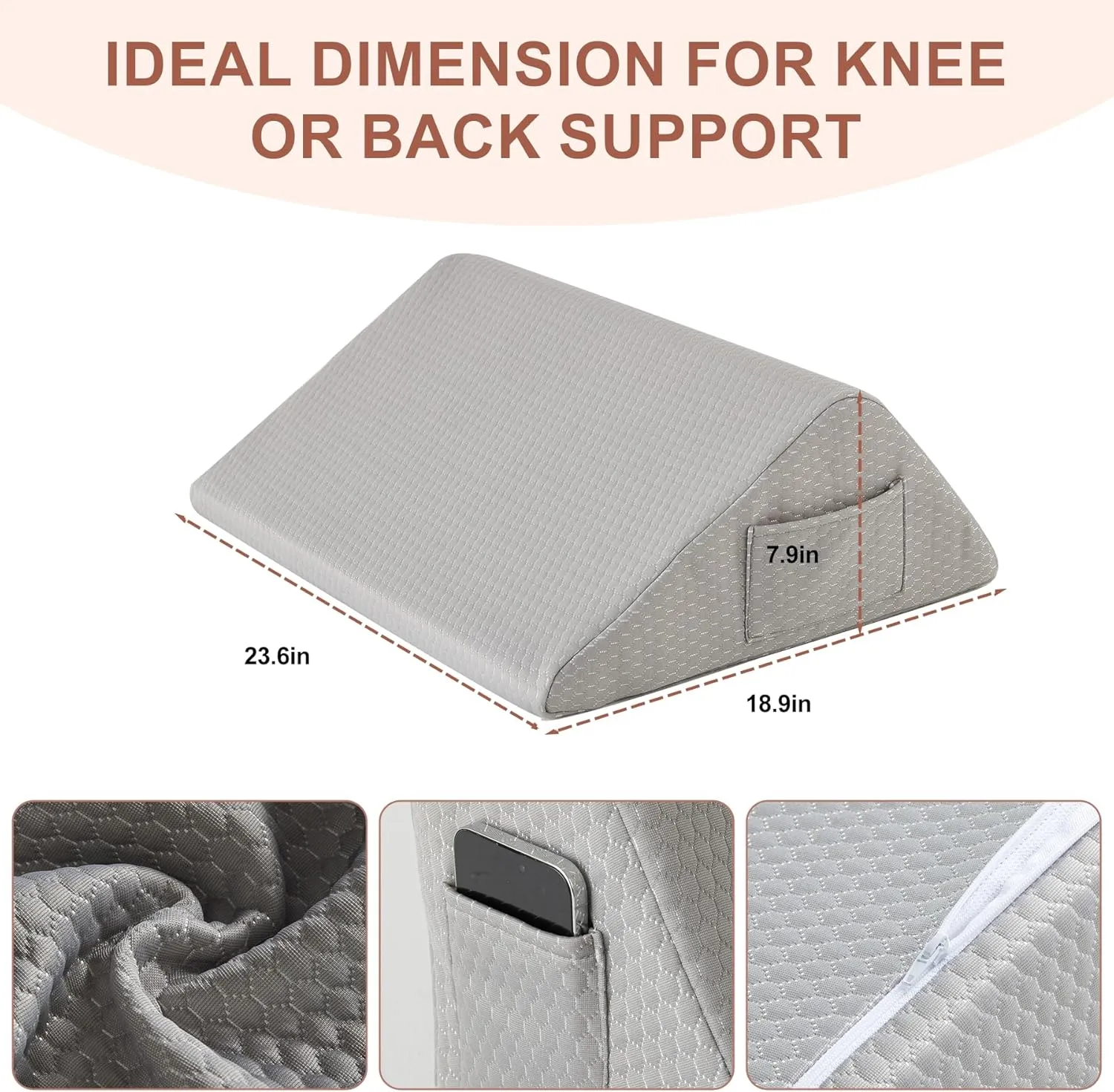 Knee Wedge Pillow, Memory Foam Leg Pillow Knee Pillow for Back Sleeping, Wedge Pillows for Legs Post Surgery, Triangle Pillow for Knee Support, Leg Elevation, Knees Hip Back Pain Relief, Grey