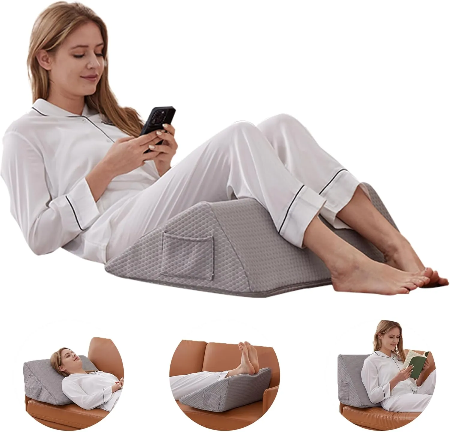 Knee Wedge Pillow, Memory Foam Leg Pillow Knee Pillow for Back Sleeping, Wedge Pillows for Legs Post Surgery, Triangle Pillow for Knee Support, Leg Elevation, Knees Hip Back Pain Relief, Grey