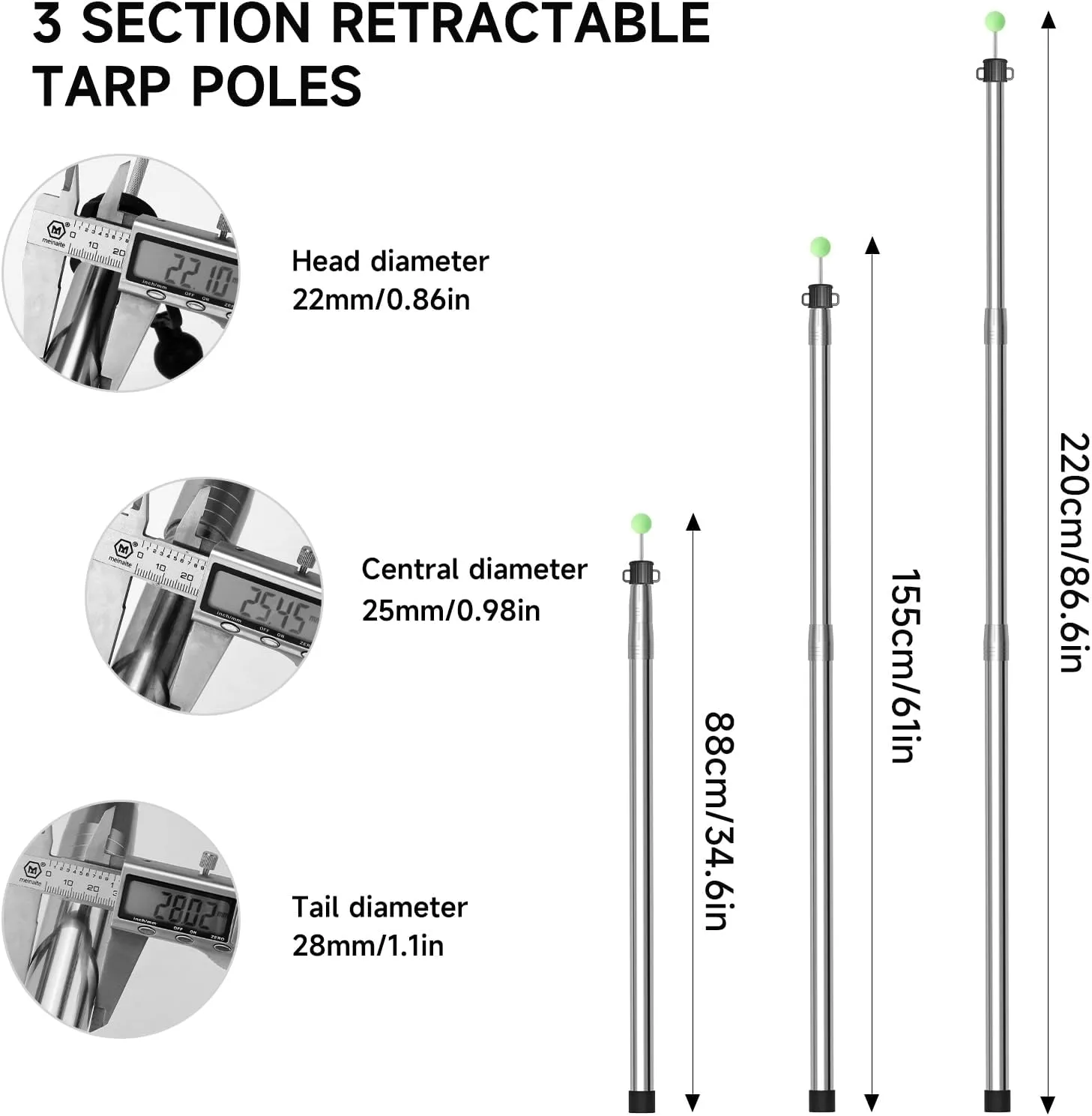 KOMCLUB Telescoping Tent Tarp Pole Adjustable Tarp Poles 3 Section Heavy Duty Canopy Poles Stainless Steel Portable Camping Poles 33"-86.61" for Hiking Car Canopy Awning 2Pcs Set (Silver)