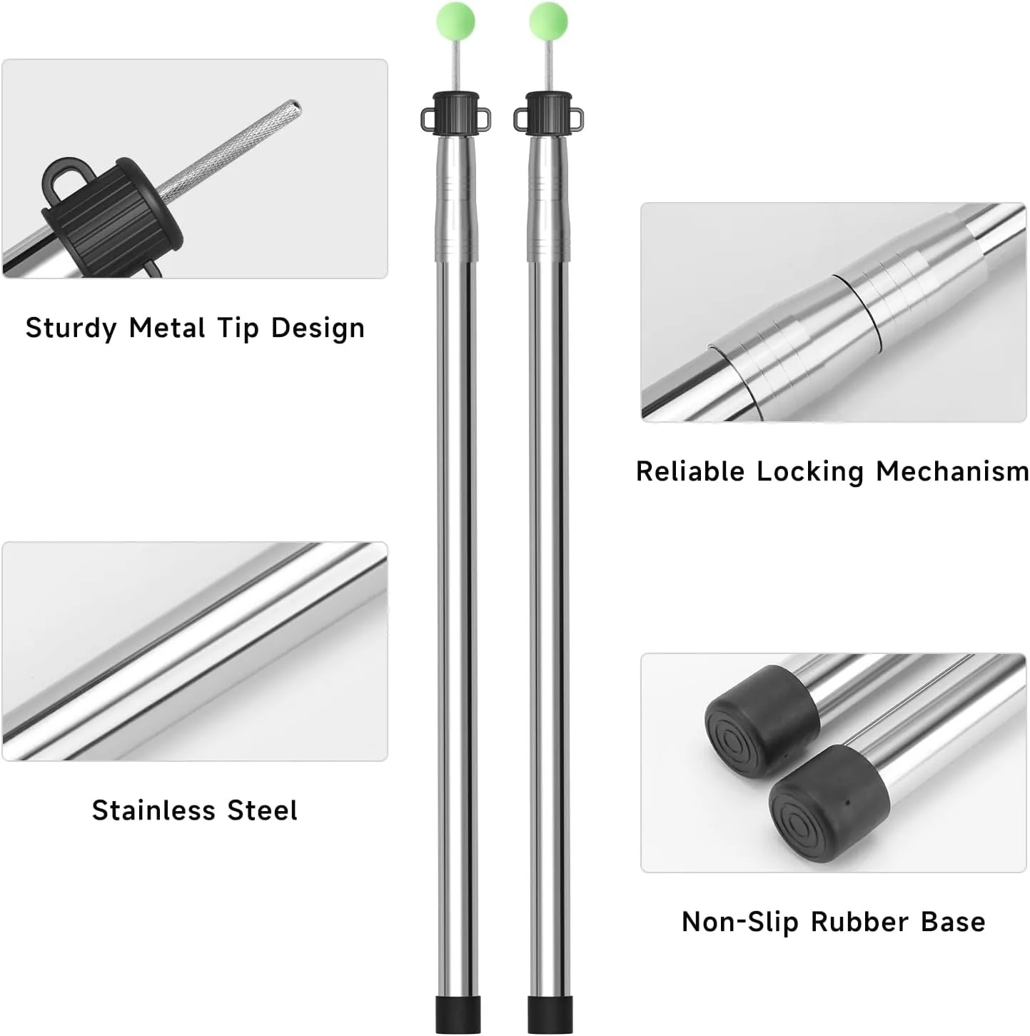 KOMCLUB Telescoping Tent Tarp Pole Adjustable Tarp Poles 3 Section Heavy Duty Canopy Poles Stainless Steel Portable Camping Poles 33"-86.61" for Hiking Car Canopy Awning 2Pcs Set (Silver)