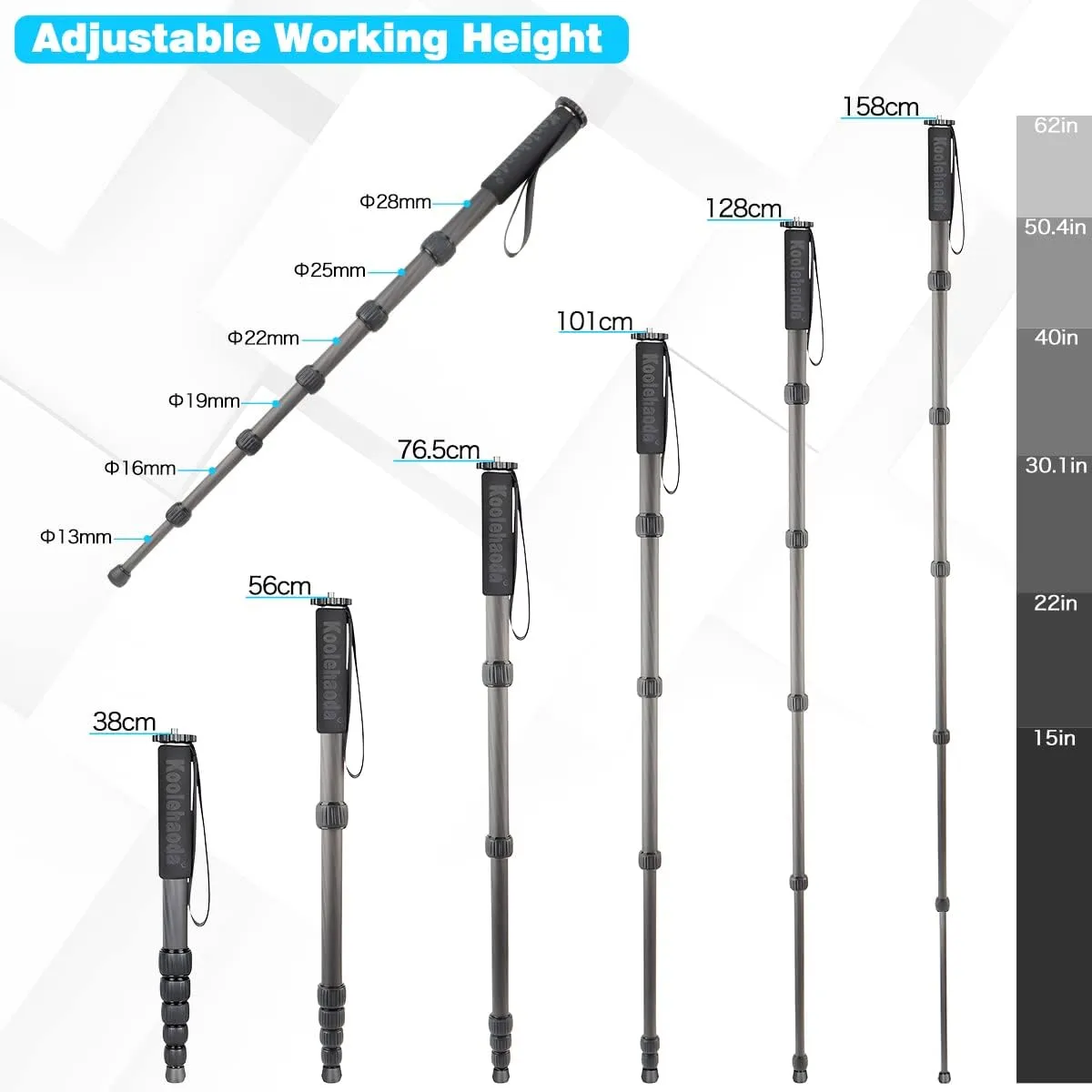 Koolehaoda Carbon Fiber Monopod, 6-Section Portable Compact Camera Monopod Unipod Stick. Max Load 22lbs/10kg - MP286C
