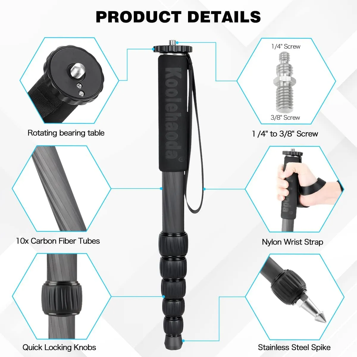 Koolehaoda Carbon Fiber Monopod, 6-Section Portable Compact Camera Monopod Unipod Stick. Max Load 22lbs/10kg - MP286C