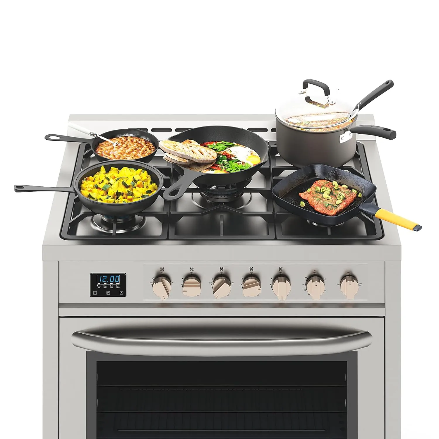 KoolMore KM-FR36GL-SS 36” Inch Professional Gas Range Stove with 5 Burner Cooktop, Rapid Convection Oven, and Digital Timer with Heavy-Duty Cast Iron Grates, Stainless-Steel Appliance, 36 Inch, Silver