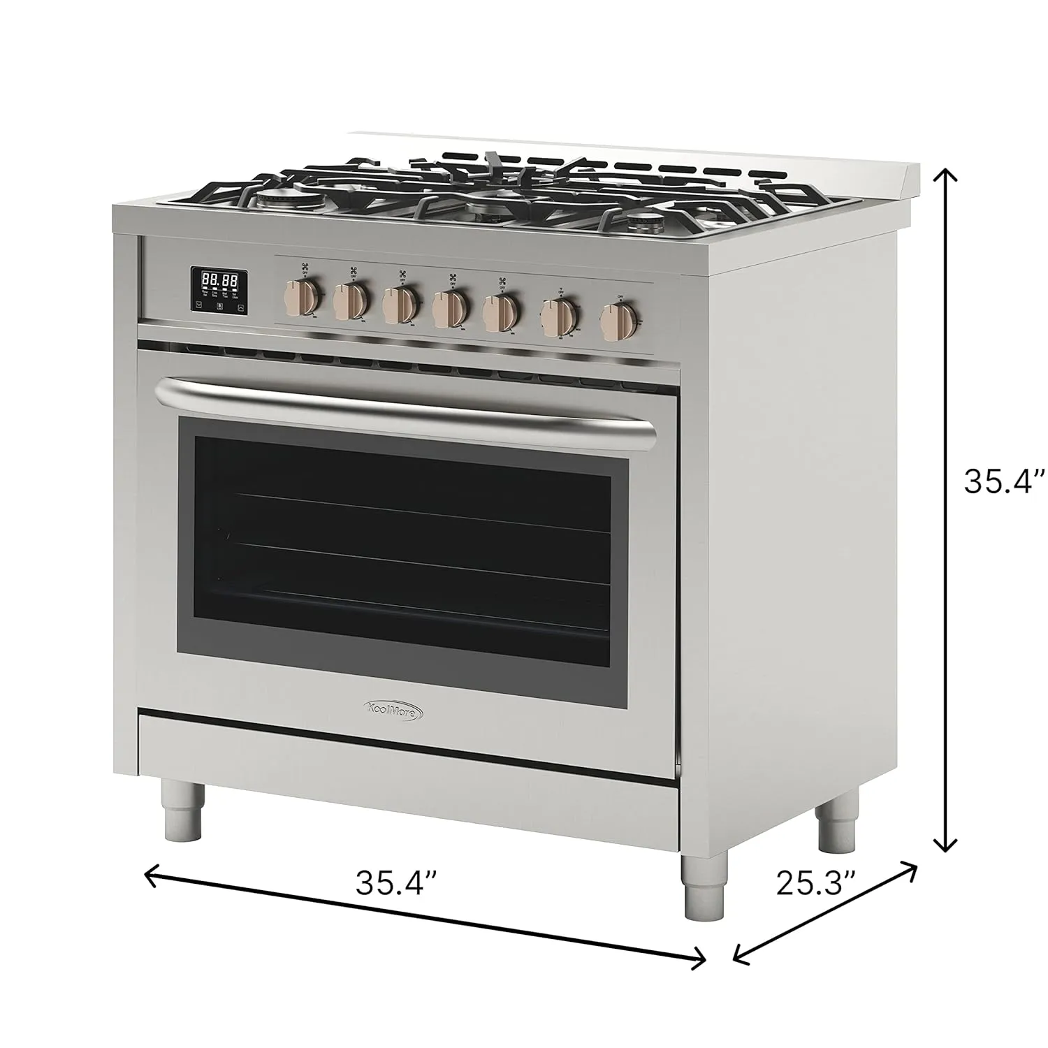 KoolMore KM-FR36GL-SS 36” Inch Professional Gas Range Stove with 5 Burner Cooktop, Rapid Convection Oven, and Digital Timer with Heavy-Duty Cast Iron Grates, Stainless-Steel Appliance, 36 Inch, Silver