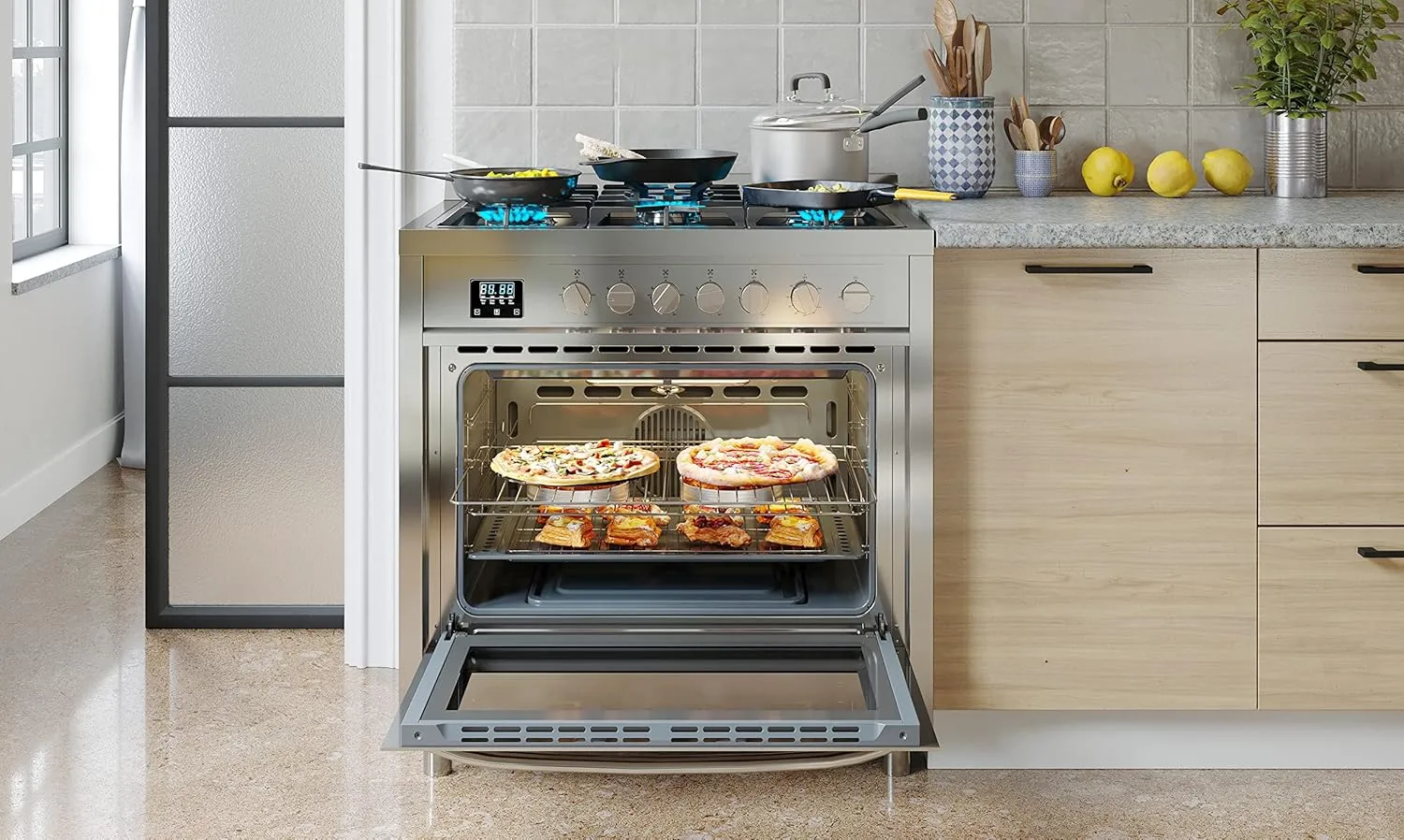 KoolMore KM-FR36GL-SS 36” Inch Professional Gas Range Stove with 5 Burner Cooktop, Rapid Convection Oven, and Digital Timer with Heavy-Duty Cast Iron Grates, Stainless-Steel Appliance, 36 Inch, Silver