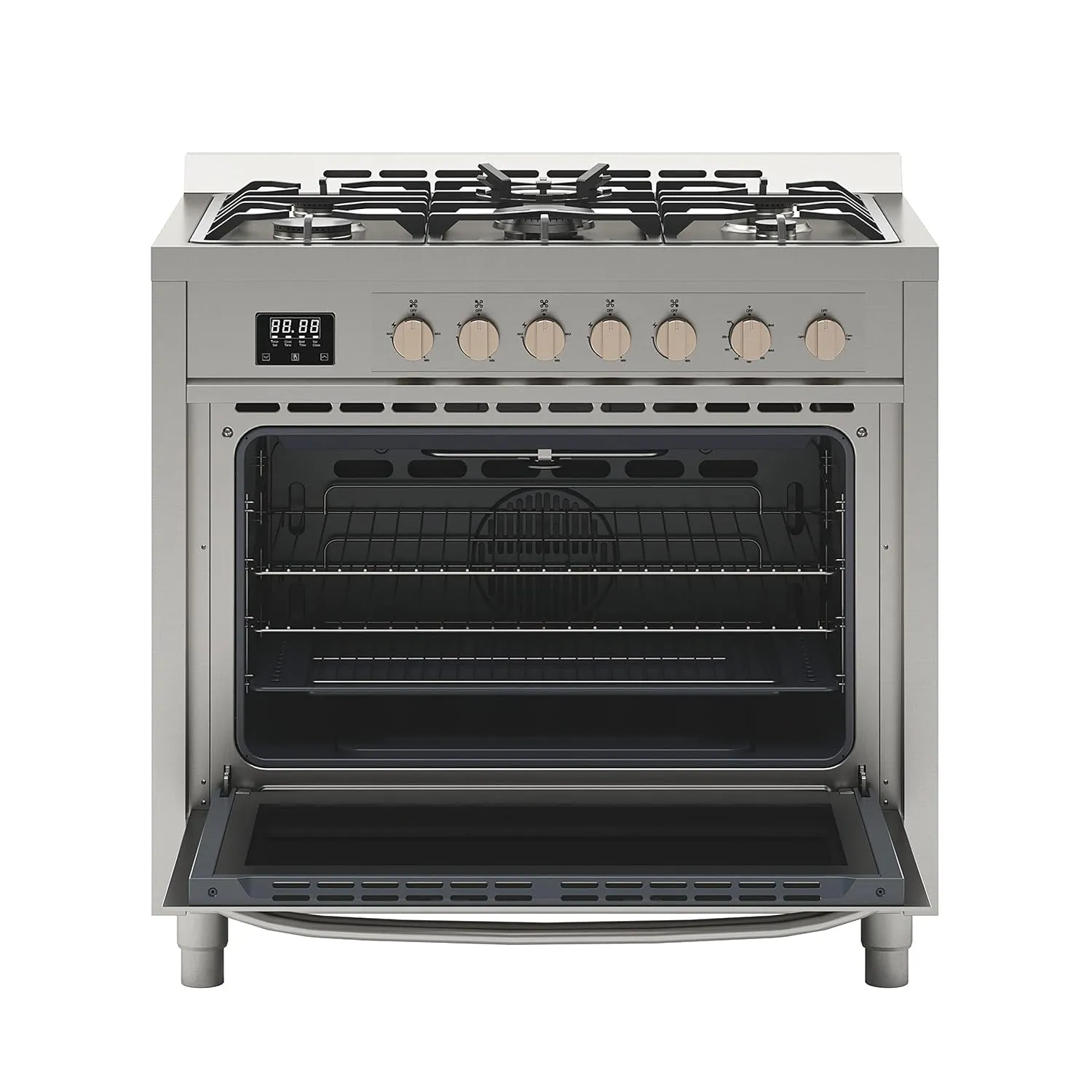 KoolMore KM-FR36GL-SS 36” Inch Professional Gas Range Stove with 5 Burner Cooktop, Rapid Convection Oven, and Digital Timer with Heavy-Duty Cast Iron Grates, Stainless-Steel Appliance, 36 Inch, Silver