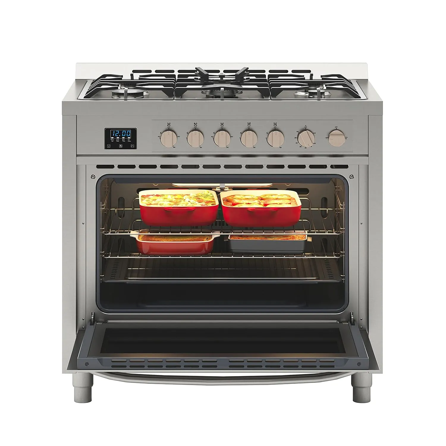 KoolMore KM-FR36GL-SS 36” Inch Professional Gas Range Stove with 5 Burner Cooktop, Rapid Convection Oven, and Digital Timer with Heavy-Duty Cast Iron Grates, Stainless-Steel Appliance, 36 Inch, Silver