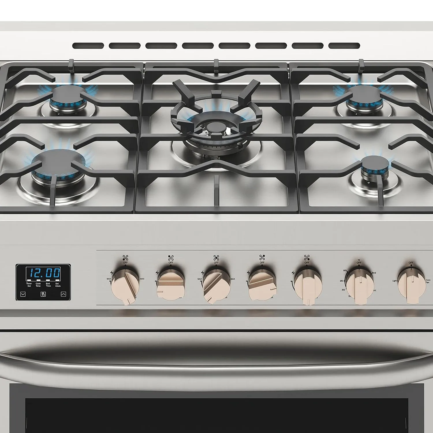 KoolMore KM-FR36GL-SS 36” Inch Professional Gas Range Stove with 5 Burner Cooktop, Rapid Convection Oven, and Digital Timer with Heavy-Duty Cast Iron Grates, Stainless-Steel Appliance, 36 Inch, Silver