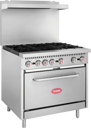 Kratos 36" Commercial Gas Range & Oven, 6 Burners and Full Size Oven, Natural Gas, 210,000 BTU Output, Freestanding Range for Restaurants (29Y-044-NAT)