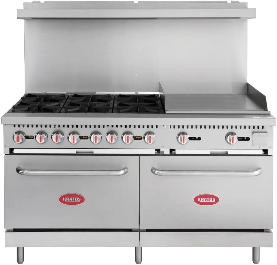 Kratos 60" Wide Commercial Gas Range with 6 Burners, 24" Wide Griddle, and Two Full Size Standard Ovens, Stainless Steel Range for Restaurants, 280,000 Total BTU Output, Natural Gas (29Y-046-NAT)