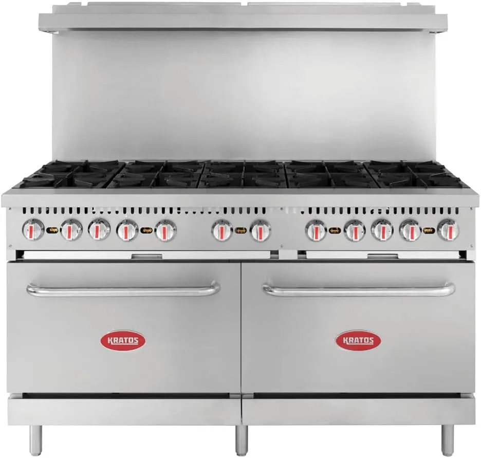 Kratos Commercial Gas Range and Oven - 10 Burners and 2 Full Sized Ovens, Gas Powered, 360,000 Total BTU Output, 60" W (29Y-045-NAT)