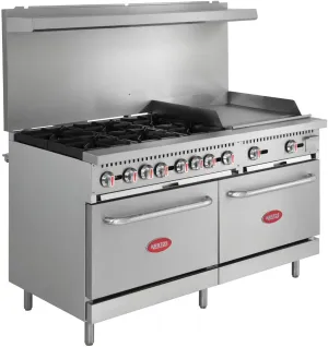 Kratos Commercial Gas Range, Oven & Griddle - 6 Burners, 2 Full Size Ovens and Griddle Plate (24" W), Liquid Propane Powered, 280,000 Total BTU Output, 60" W (29Y-046-LP)