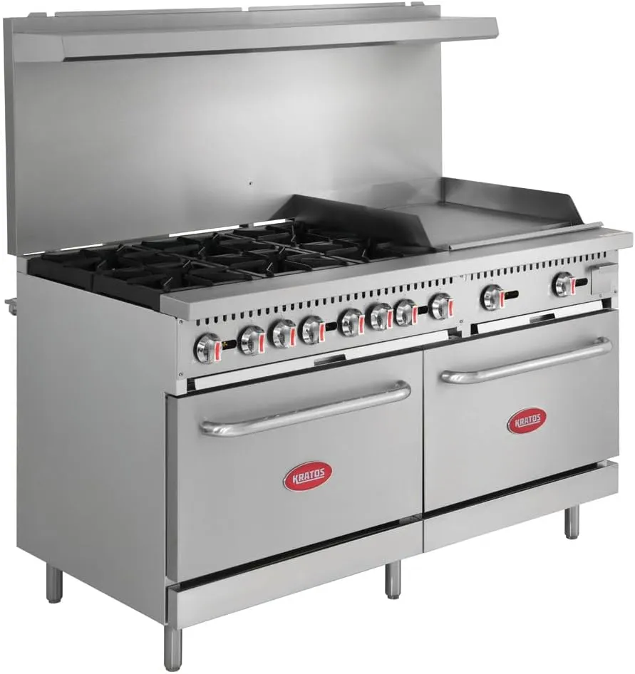 Kratos Commercial Gas Range, Oven & Griddle - 6 Burners, 2 Full Size Ovens and Griddle Plate (24" W), Liquid Propane Powered, 280,000 Total BTU Output, 60" W (29Y-046-LP)