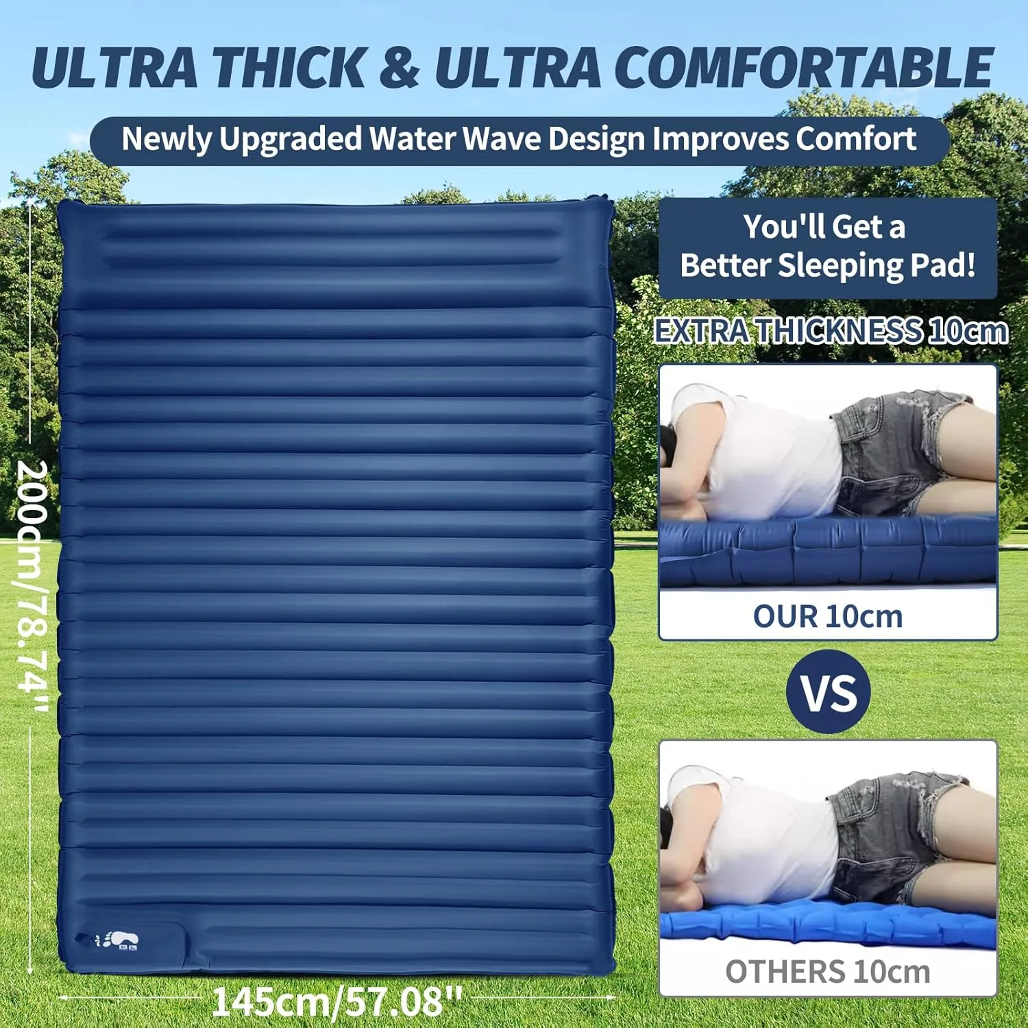 LAMA Double Sleeping Pad for Camping, 2 Persons Self Inflating Camping Mattress for Sleeping, Ultra-Thick 4" Sleeping Mat with Pillow Built-in Pump, Ultralight Camping Mat for Backpacking, Hiking, BL
