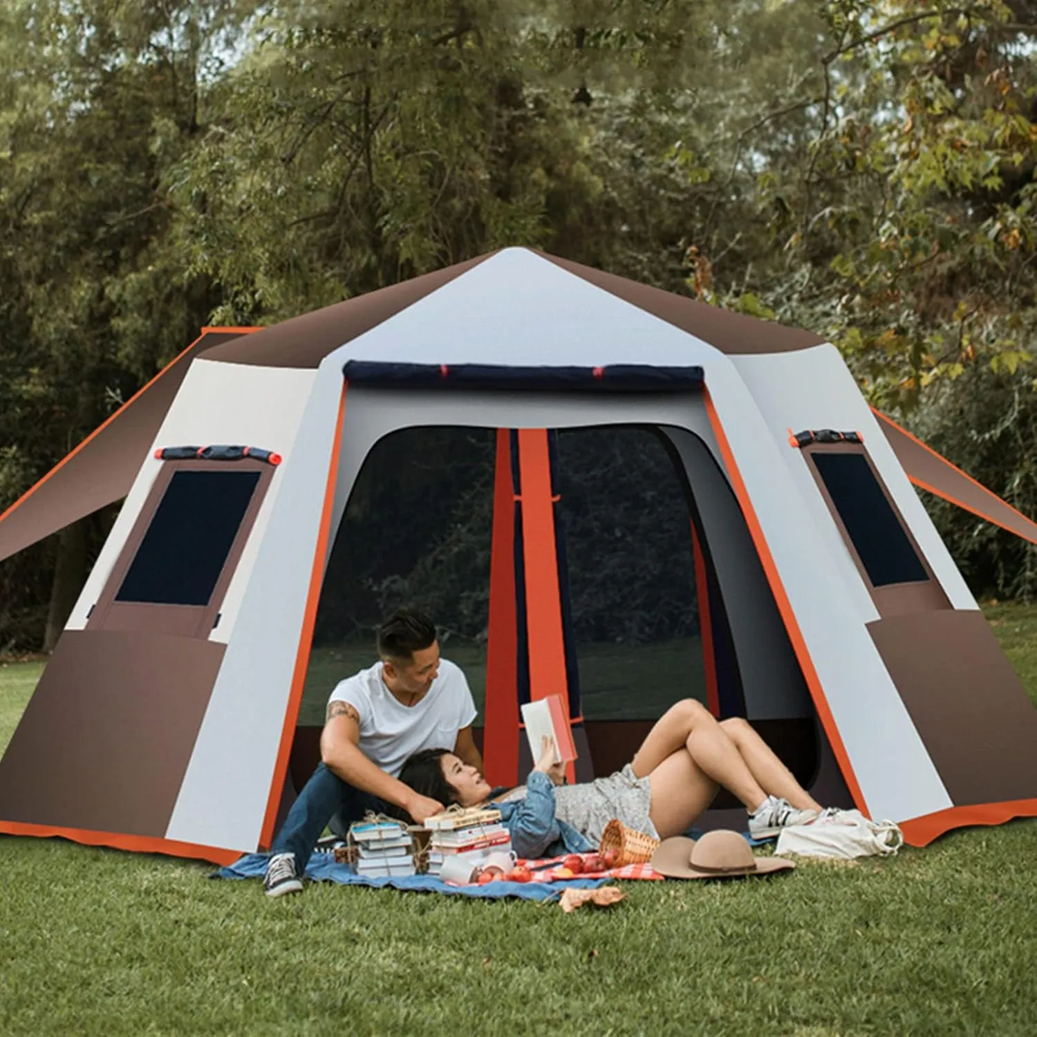 Large Camping Tents Automatic with Porch,4-6 Man Person Instant Tent Pop Up Ultralight Dome Family Tent 4 Seasons Waterproof Windproof Outdoor Camping Tent with Removable Outer Tarpaulin