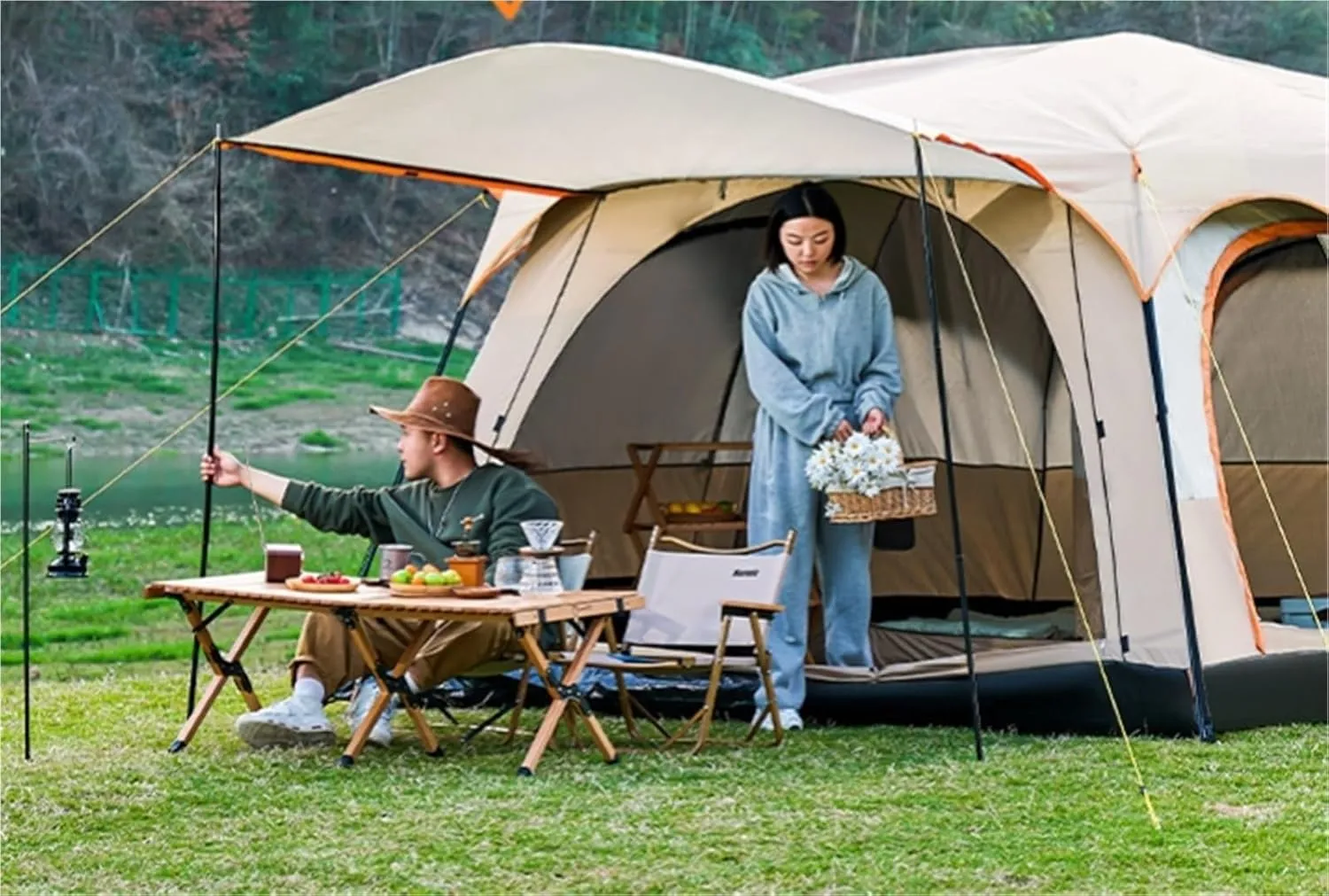 Large Tent Outdoor Thickened Windproof and Rainproof Two-Room and One-Living Room Camping Equipment Supplies Picnic Camping Portable