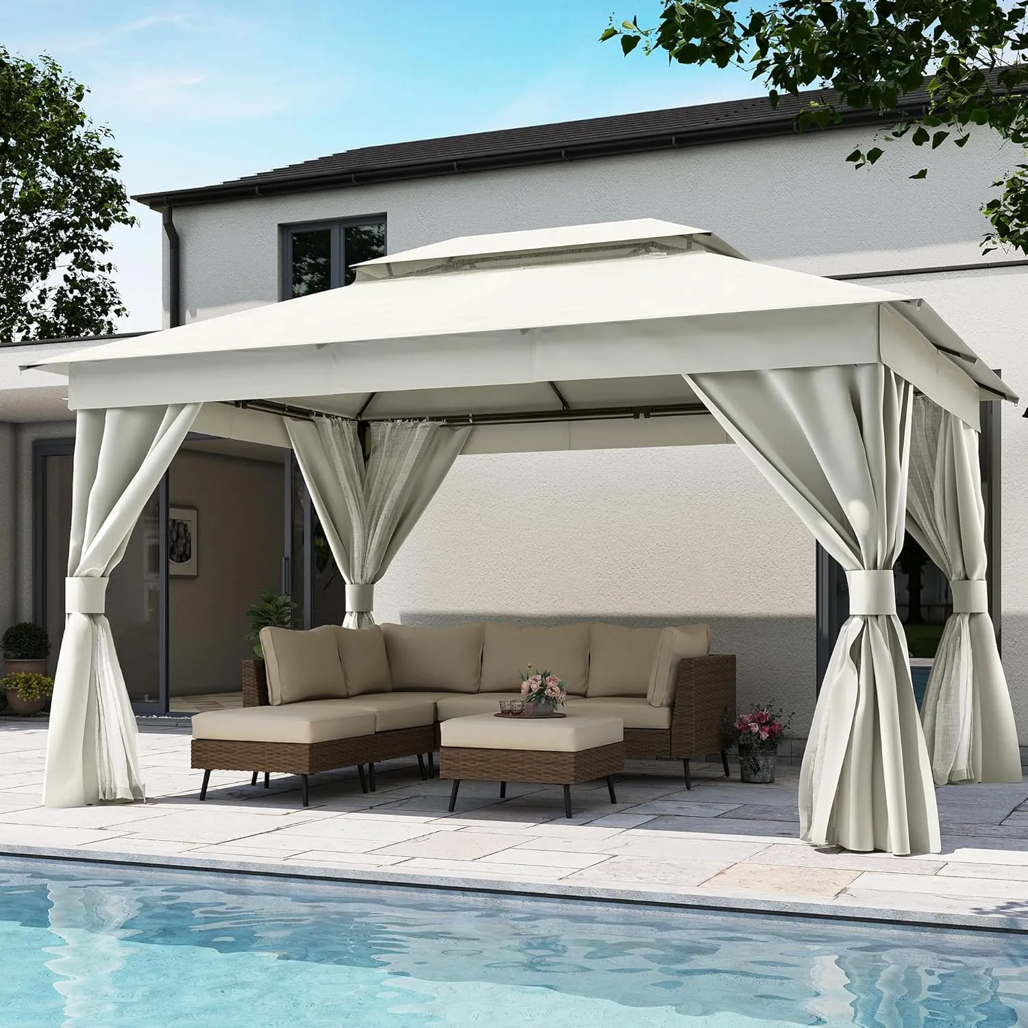 LAUSAINT HOME Outdoor Patio Gazebo 10'x13' with Expansion Bolts, Heavy Duty Gazebos Shelter Party Tent with Double Roofs, Mosquito Nettings and Privacy Screens for Backyard, Garden, Lawn, Cream White