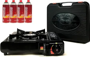 Lavohome Portable Butane Stove | 8,500 BTU Outlet Camp Kitchen Equipment Emergency Hurricane Single Burner Camping Cooking   4 Fuel Canisters Black 57 X 36.7 33 cm
