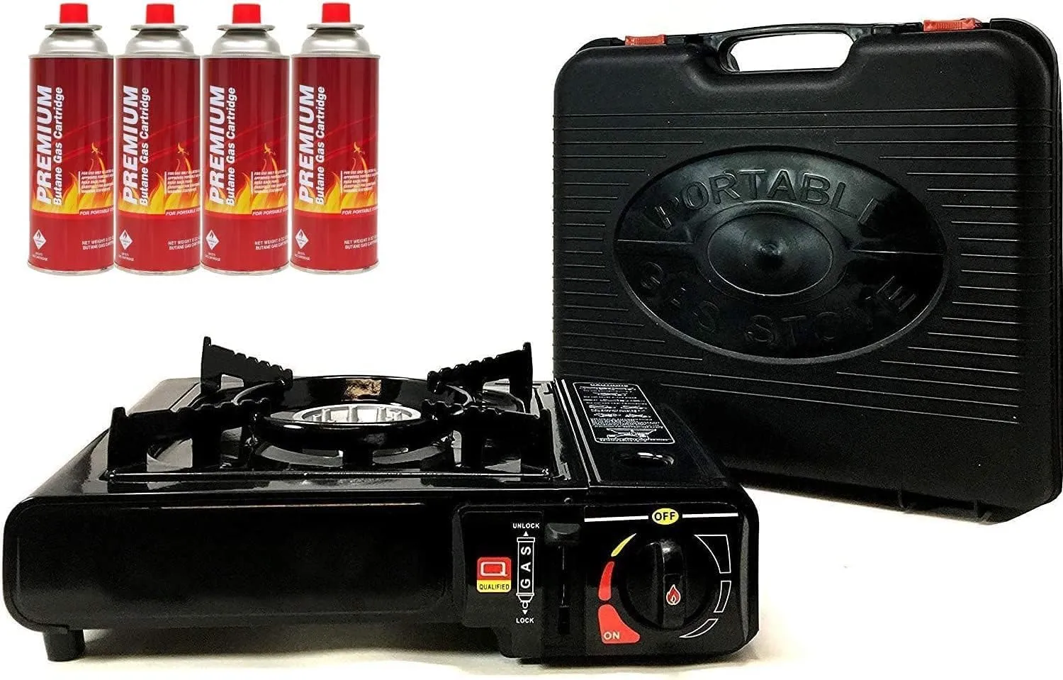 Lavohome Portable Butane Stove | 8,500 BTU Outlet Camp Kitchen Equipment Emergency Hurricane Single Burner Camping Cooking   4 Fuel Canisters Black 57 X 36.7 33 cm