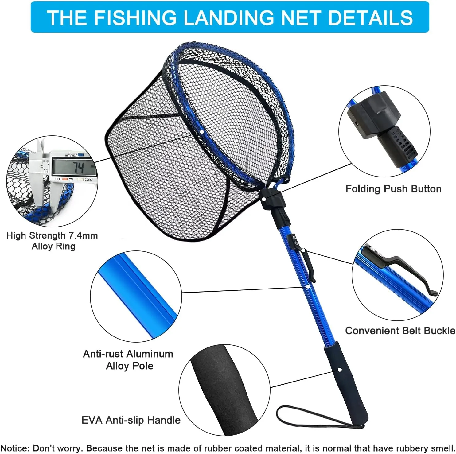 LBW Collapsible Fishing Net with Handle, Folding Kayak Net for Freshwater or Saltwater, Trout Catfish Bass Compact Rubber Landing Net