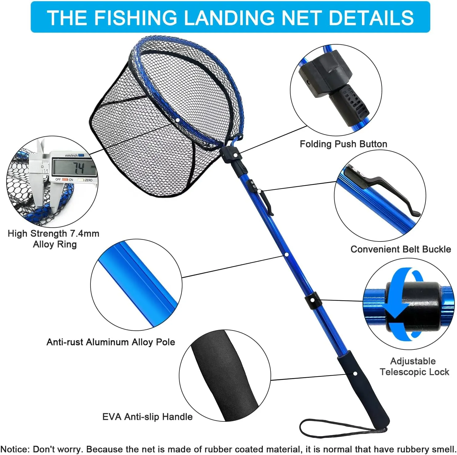 LBW Collapsible Fishing Net with Handle, Folding Kayak Net for Freshwater or Saltwater, Trout Catfish Bass Compact Rubber Landing Net
