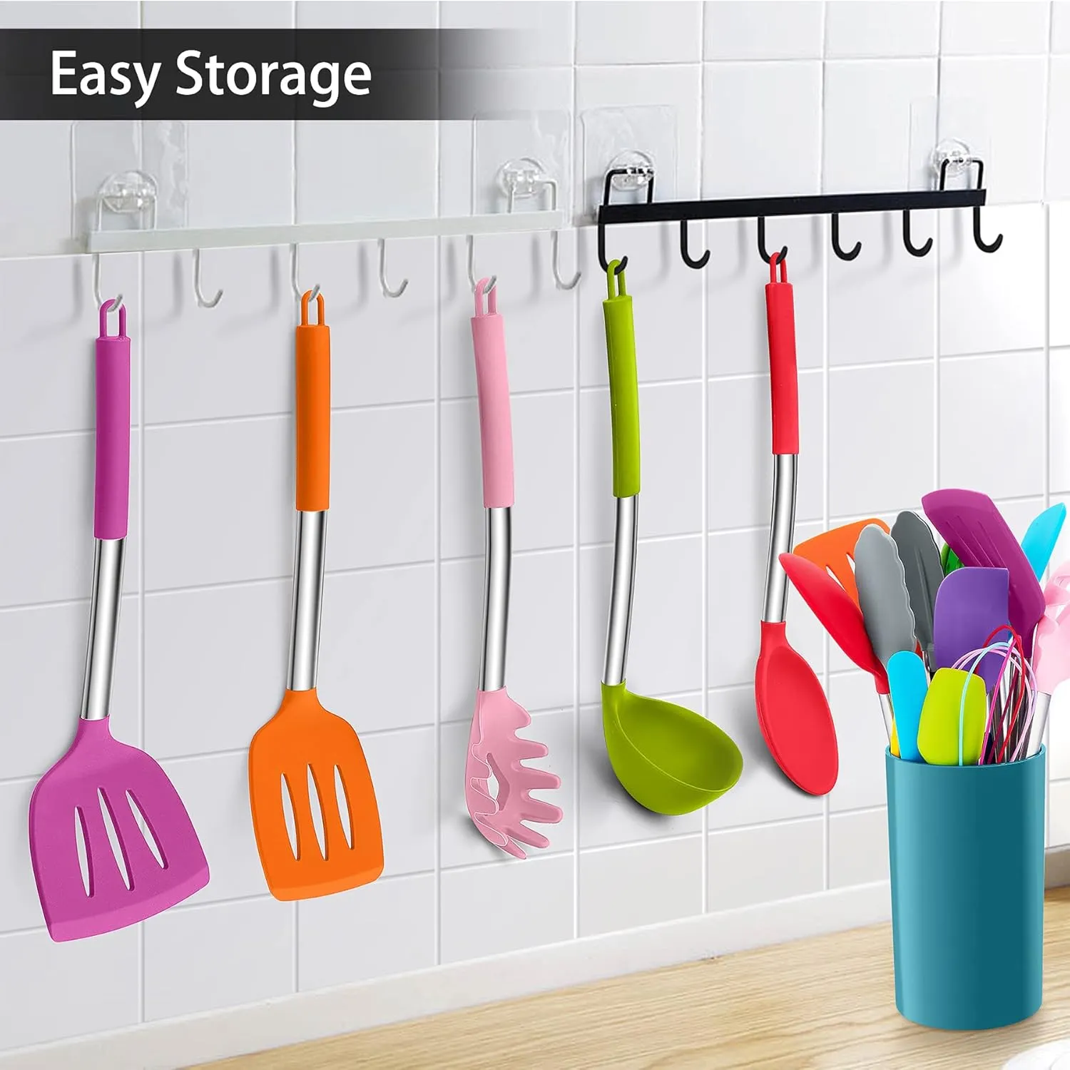 LIANYU 15-Piece Kitchen Cooking Utensils Set with Holder, Silicone Kitchen Tools Stainless Steel Handle, Slotted Spatula Spoon Turner Tong Whisk Brush for Cooking, Colorful