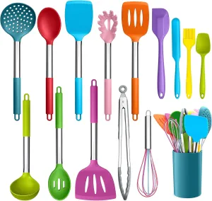 LIANYU 15-Piece Kitchen Cooking Utensils Set with Holder, Silicone Kitchen Tools Stainless Steel Handle, Slotted Spatula Spoon Turner Tong Whisk Brush for Cooking, Colorful