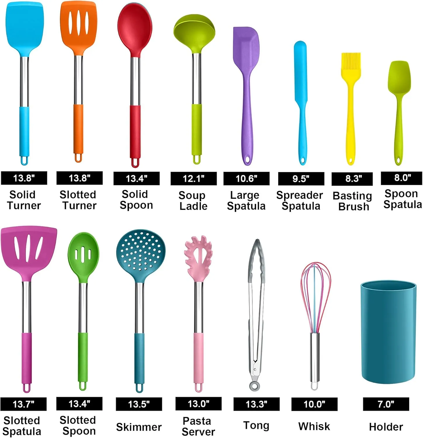 LIANYU 15-Piece Kitchen Cooking Utensils Set with Holder, Silicone Kitchen Tools Stainless Steel Handle, Slotted Spatula Spoon Turner Tong Whisk Brush for Cooking, Colorful