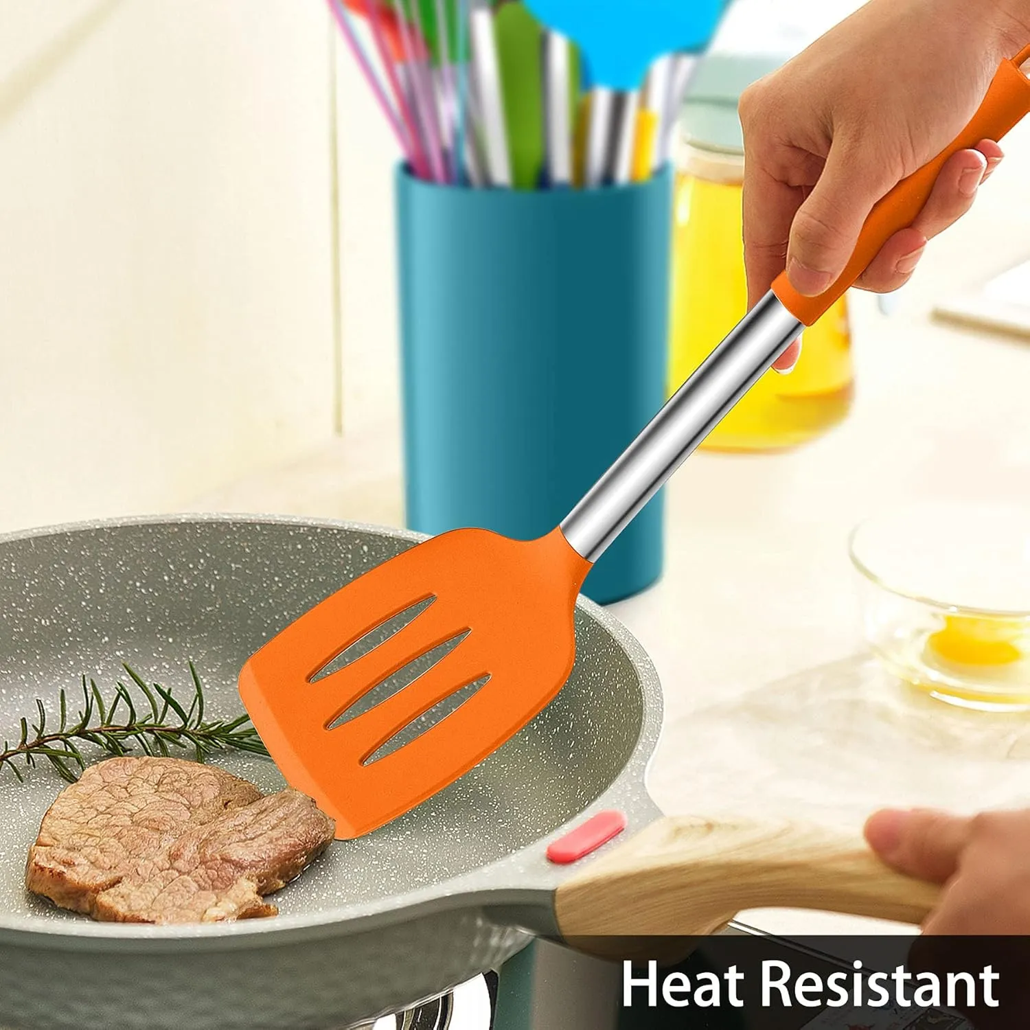 LIANYU 15-Piece Kitchen Cooking Utensils Set with Holder, Silicone Kitchen Tools Stainless Steel Handle, Slotted Spatula Spoon Turner Tong Whisk Brush for Cooking, Colorful