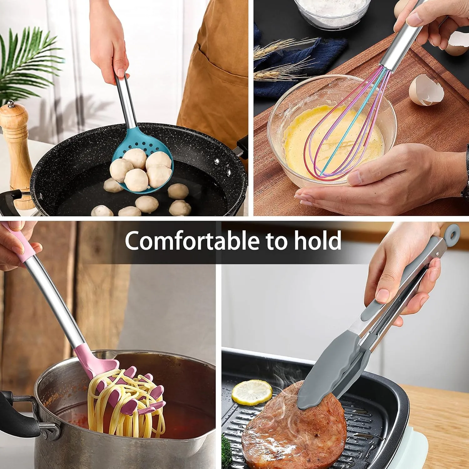 LIANYU 15-Piece Kitchen Cooking Utensils Set with Holder, Silicone Kitchen Tools Stainless Steel Handle, Slotted Spatula Spoon Turner Tong Whisk Brush for Cooking, Colorful