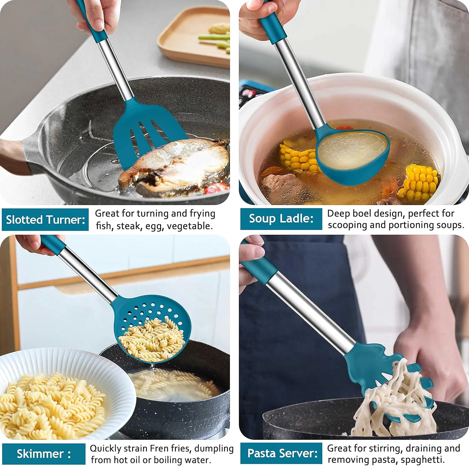 LIANYU 43 Pcs Silicone Kitchen Cooking Utensils with Holder, Heat Resistant Spatula Set with Stainless Steel Handle, Kitchen Cooking Gadgets Tools for Nonstick Cookware Set, Blue