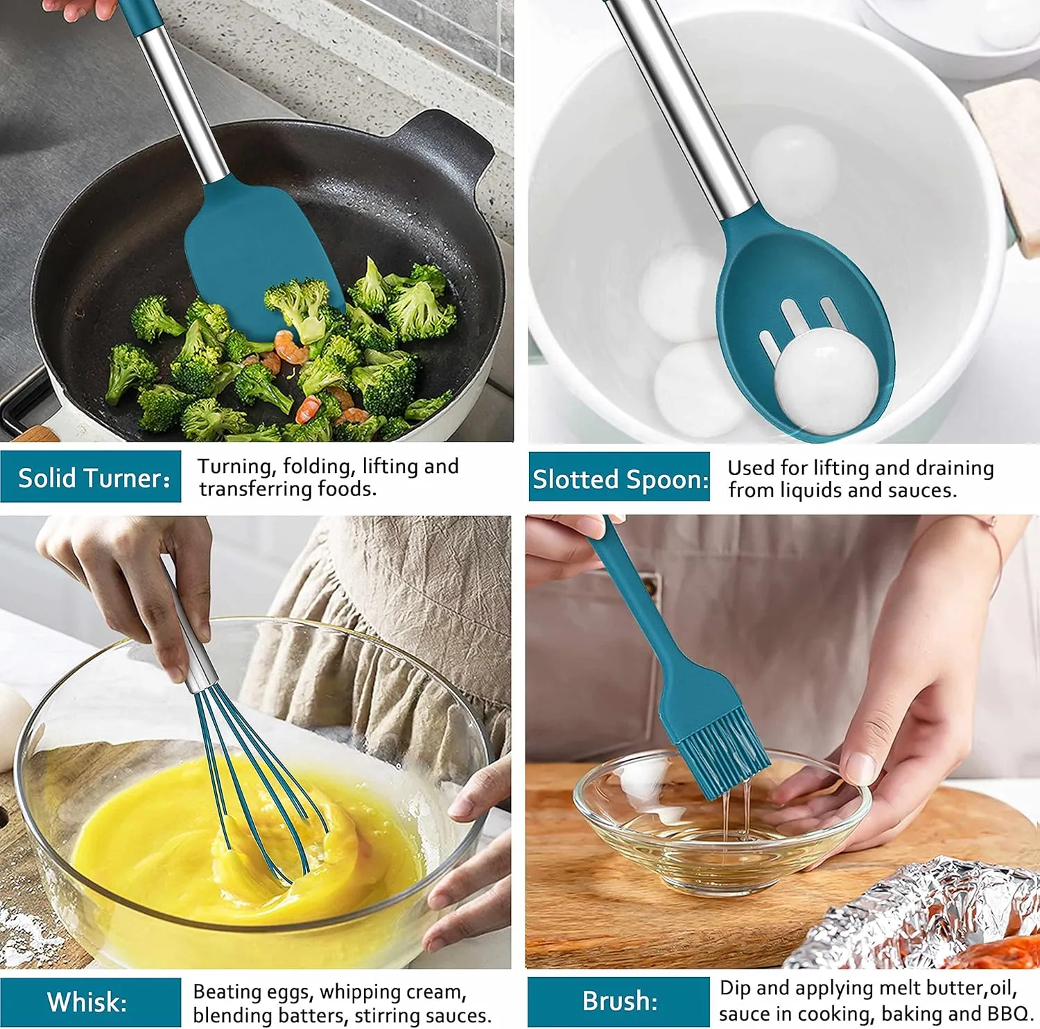 LIANYU 43 Pcs Silicone Kitchen Cooking Utensils with Holder, Heat Resistant Spatula Set with Stainless Steel Handle, Kitchen Cooking Gadgets Tools for Nonstick Cookware Set, Blue