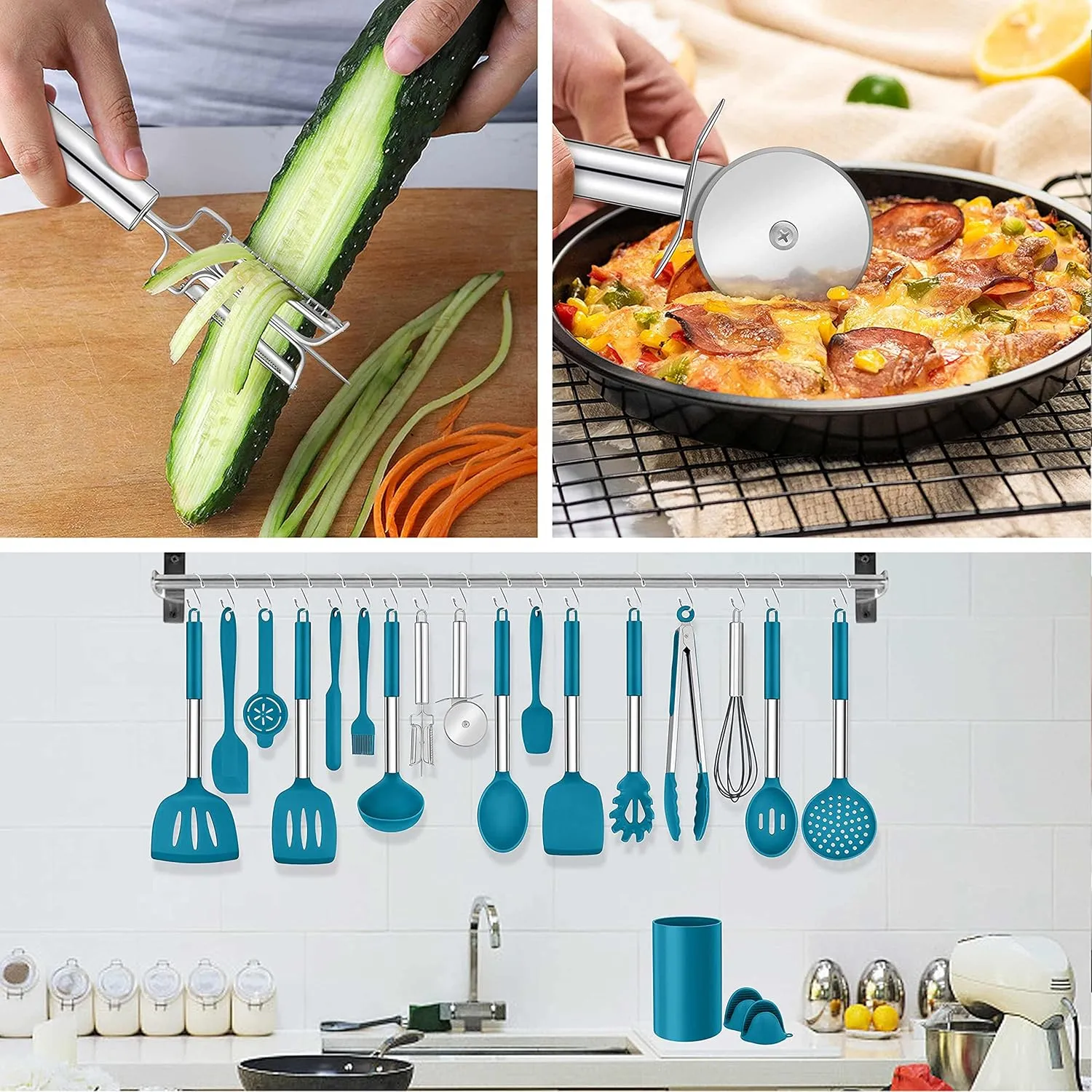 LIANYU 43 Pcs Silicone Kitchen Cooking Utensils with Holder, Heat Resistant Spatula Set with Stainless Steel Handle, Kitchen Cooking Gadgets Tools for Nonstick Cookware Set, Blue