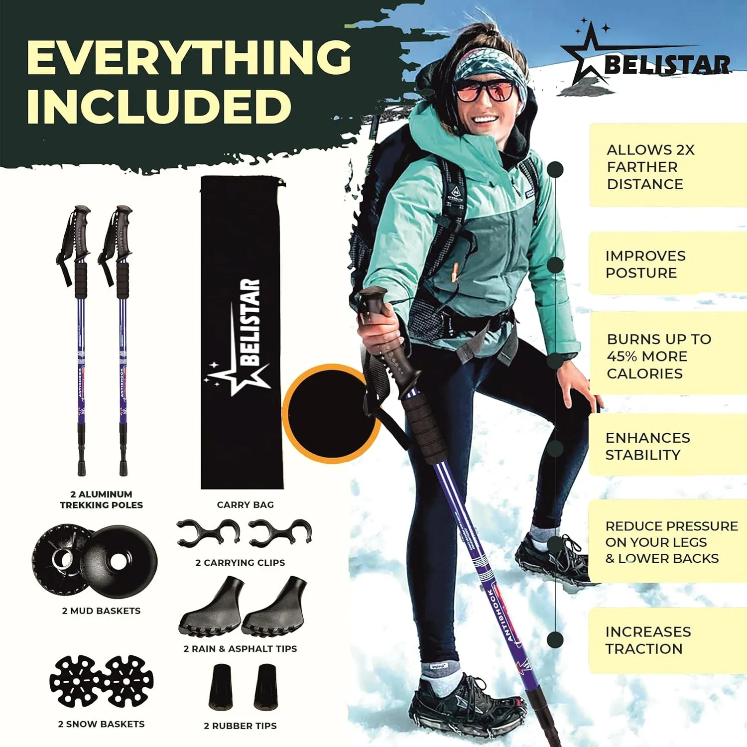 Lightweight Collapsible Aluminium Hiking Trekking Poles with Anti-Shock, Adjustable Height, Carry Bag Ideal for Men & Women Outdoor Walking & Trekking
