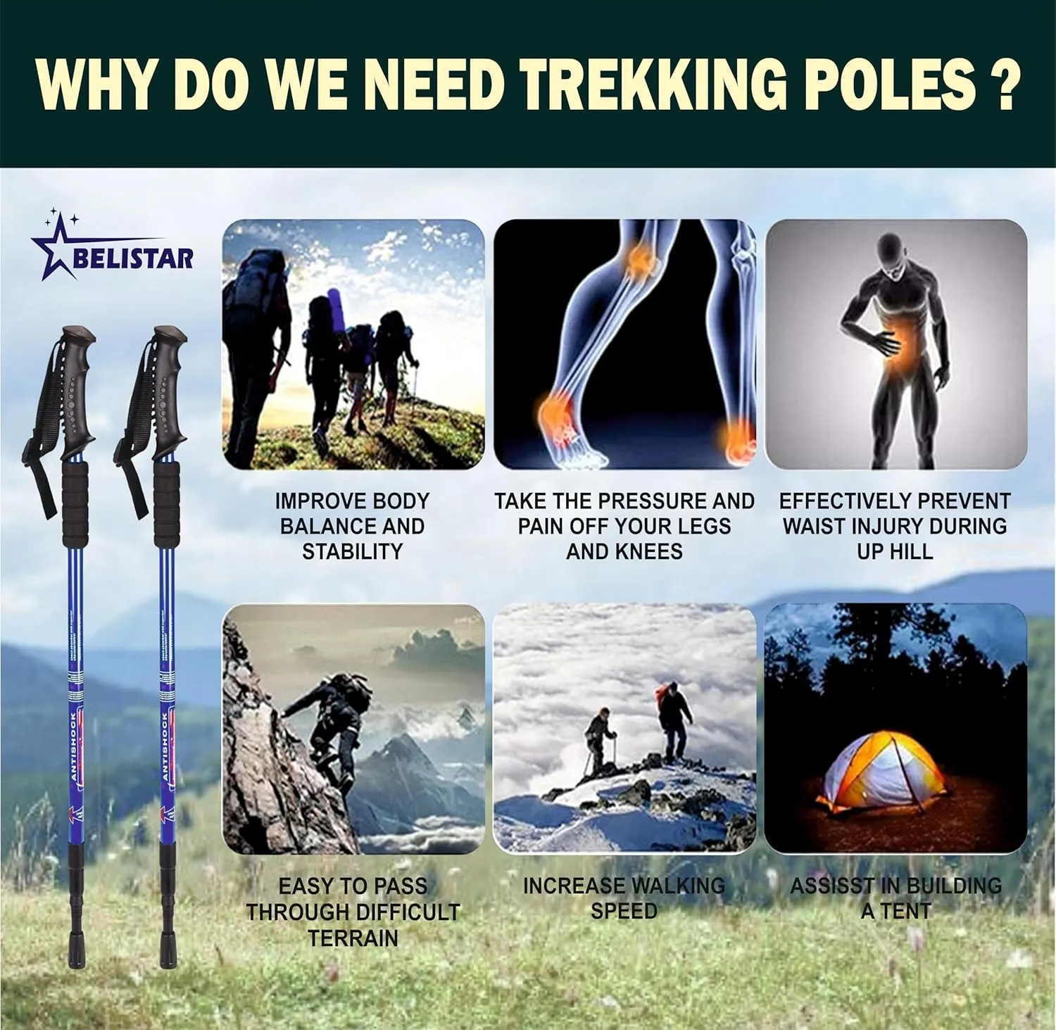 Lightweight Collapsible Aluminium Hiking Trekking Poles with Anti-Shock, Adjustable Height, Carry Bag Ideal for Men & Women Outdoor Walking & Trekking