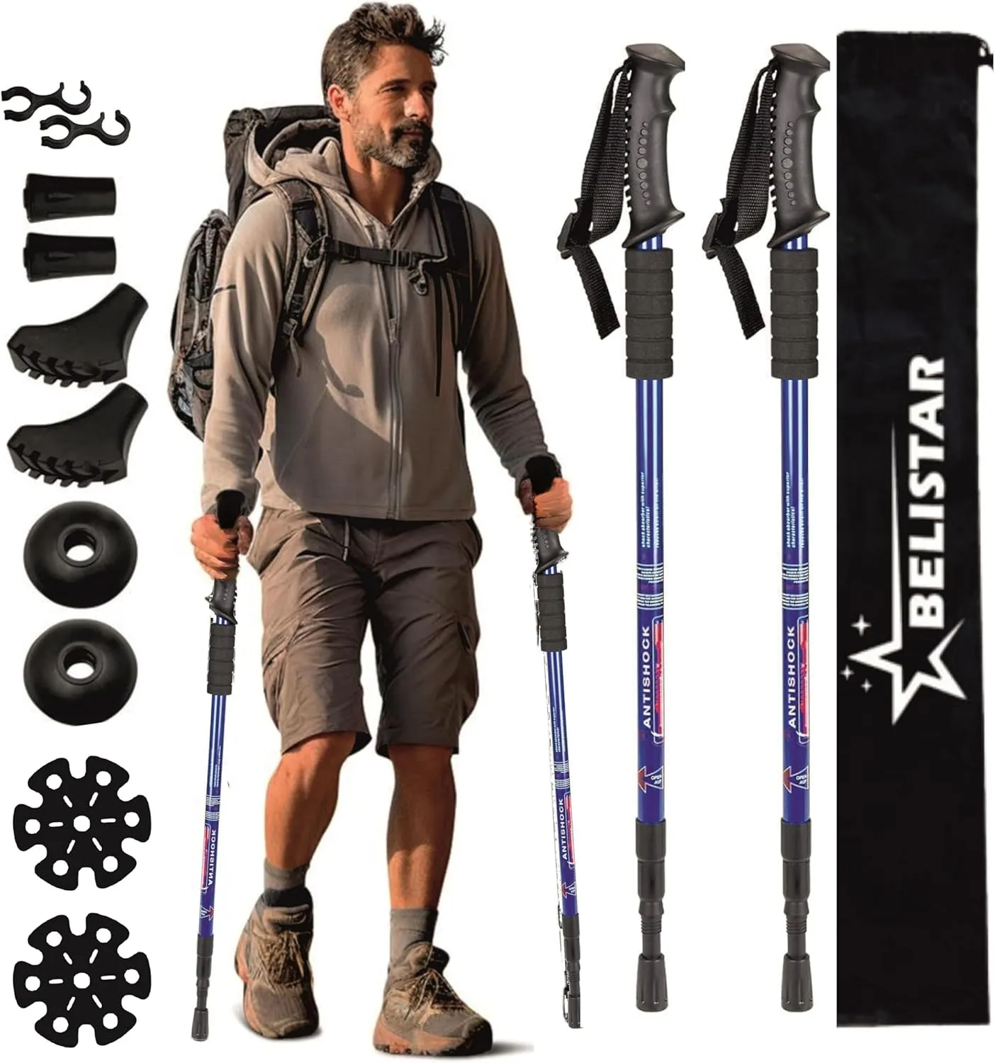 Lightweight Collapsible Aluminium Hiking Trekking Poles with Anti-Shock, Adjustable Height, Carry Bag Ideal for Men & Women Outdoor Walking & Trekking