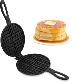 Lot45 Cast Iron Waffle Maker Pan - 6in Stove Top Waffle Iron Cookware, Portable Camping Breakfast Maker for Stovetop