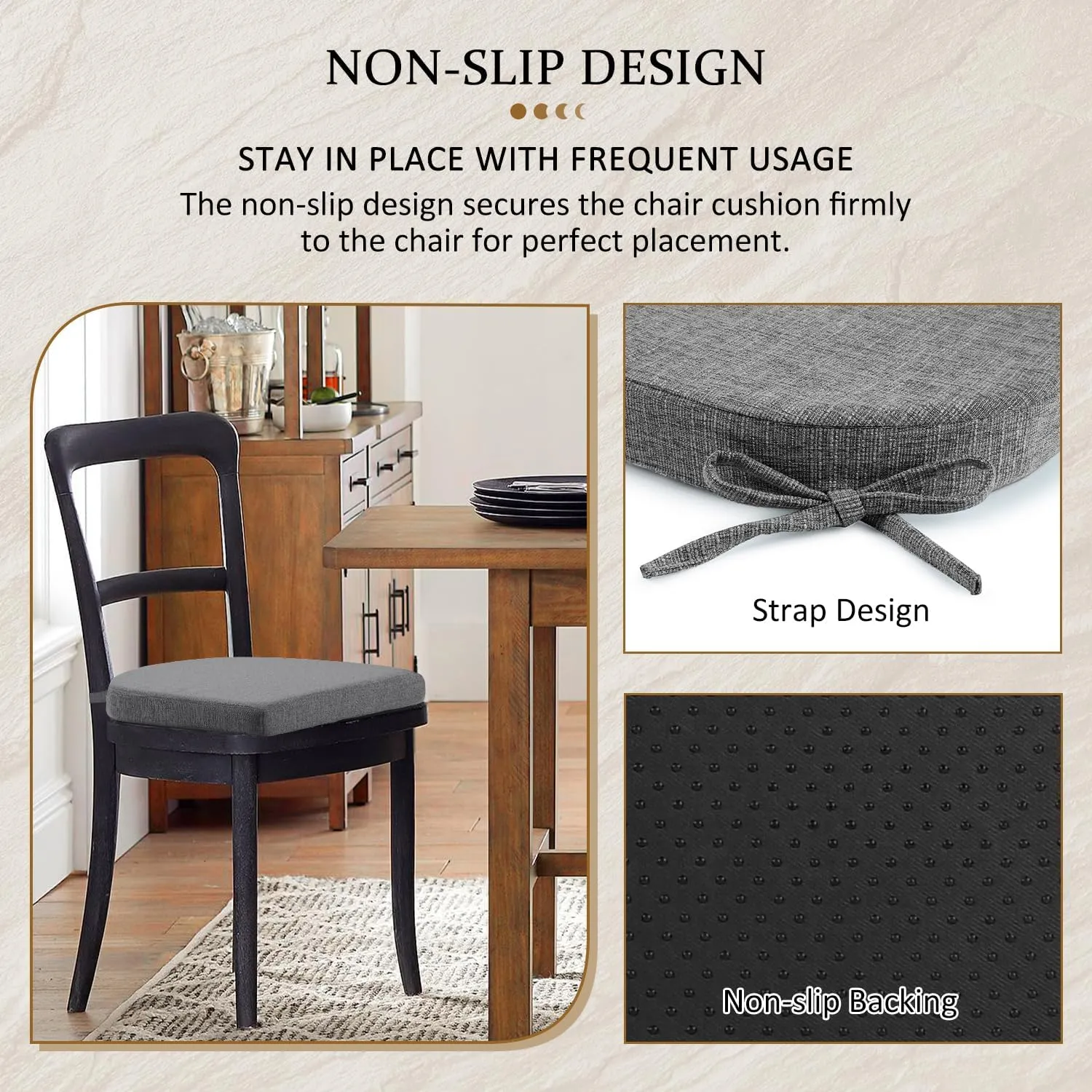LOVTEX Chair Cushions for Dining Chairs 4 Pack - Memory Foam Chair Pads with Ties and Non-Slip Backing - Seat Cushion for Kitchen Chair 16x16x2, Dark Gray